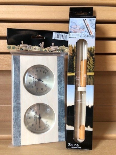 Saunaset 2 teilig Espe und Speckstein Sanduhr mit Thermometer/Hygrometer Klimamesser